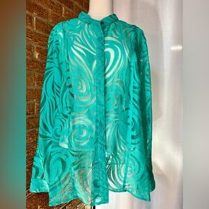 Turquoise Swirl Sheer Button-Up Blouse - Women Tops